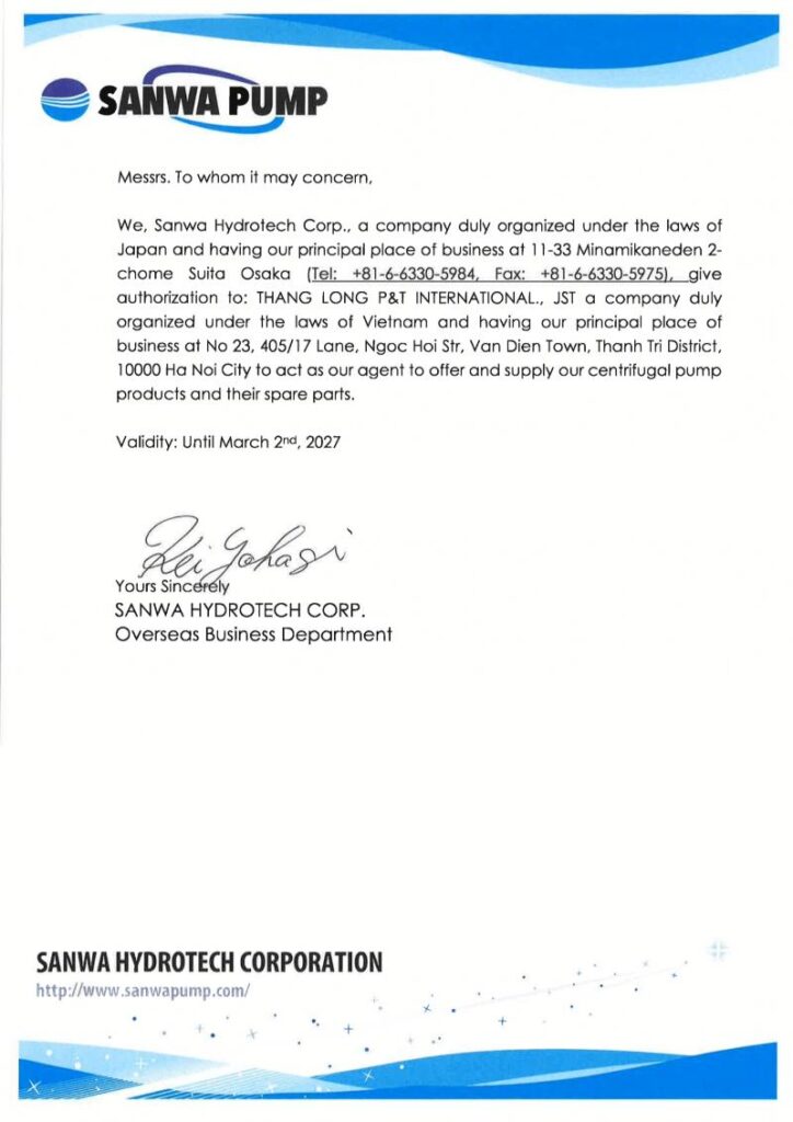 Chứng nhận nhà phân phối chính hãng của Sanwa tại Việt Nam
