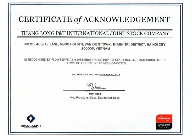 Chứng nhận nhà phân phối chính hãng của Flowserve tại Việt Nam